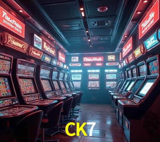 Escena dinámica inspirada en casino con iluminación CK7, cartas, fichas e íconos de juegos digitales en un espacio moderno de juegos.